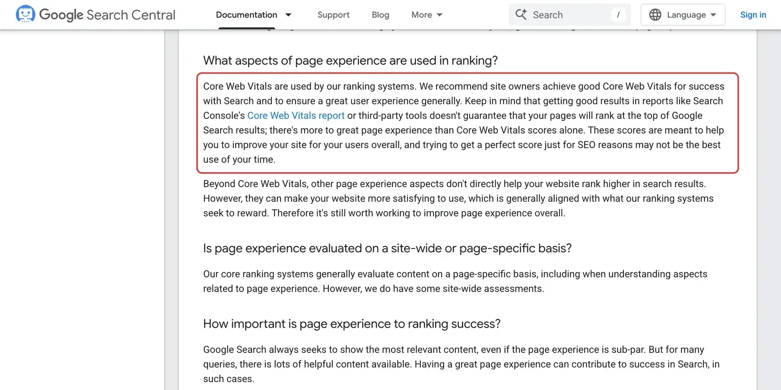 Google Search Central: Abschnitt, dass Core Web Vitals für das Ranking genutzt werden und ein perfekter Wert nicht nötig ist