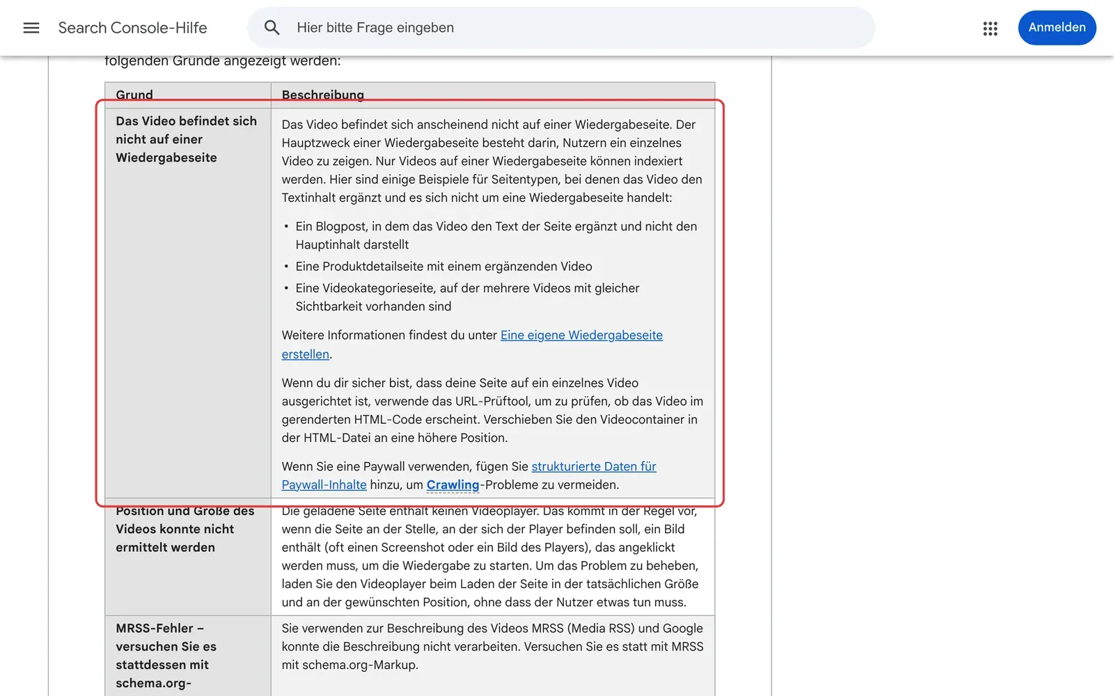 Search Console-Hilfe zum Bericht Videoindexierung, der Grund „Das Video befindet sich nicht auf einer Wiedergabeseite“ mit Beispielen ist rot umrahmt