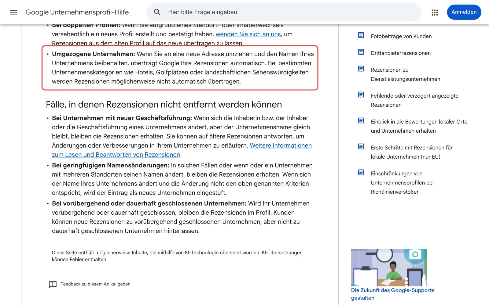 Google Unternehmensprofil-Hilfe zu Rezensionen: der Absatz „Umgezogene Unternehmen“, nach dem Google Rezensionen bei gleichem Namen automatisch überträgt, ist rot umrahmt