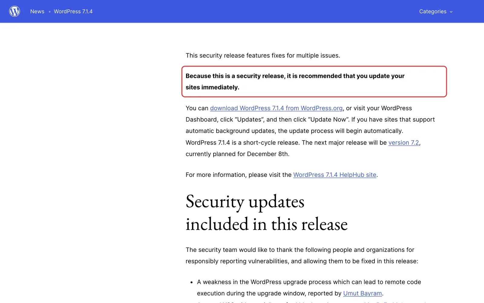 WordPress News, Ankündigung WordPress 7.1.4: der fett gedruckte Satz, dass es sich um ein Sicherheitsupdate handelt und man die Websites sofort aktualisieren sollte, ist rot umrahmt
