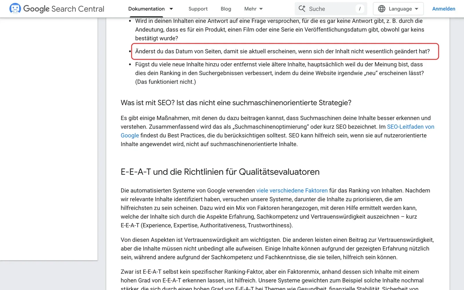 Google Search Central, Leitfaden zu hilfreichen Inhalten: die Frage, ob man das Datum von Seiten ändert, damit sie aktuell erscheinen, ist rot umrahmt