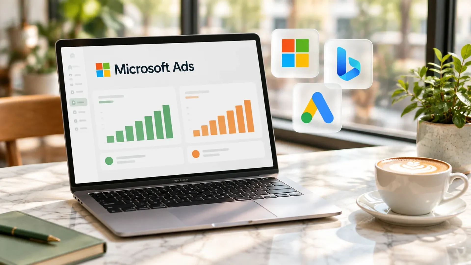 Laptop mit Microsoft-Ads-Übersicht im Café, daneben schwebende Glaskacheln mit den Logos von Microsoft, Bing und Google Ads