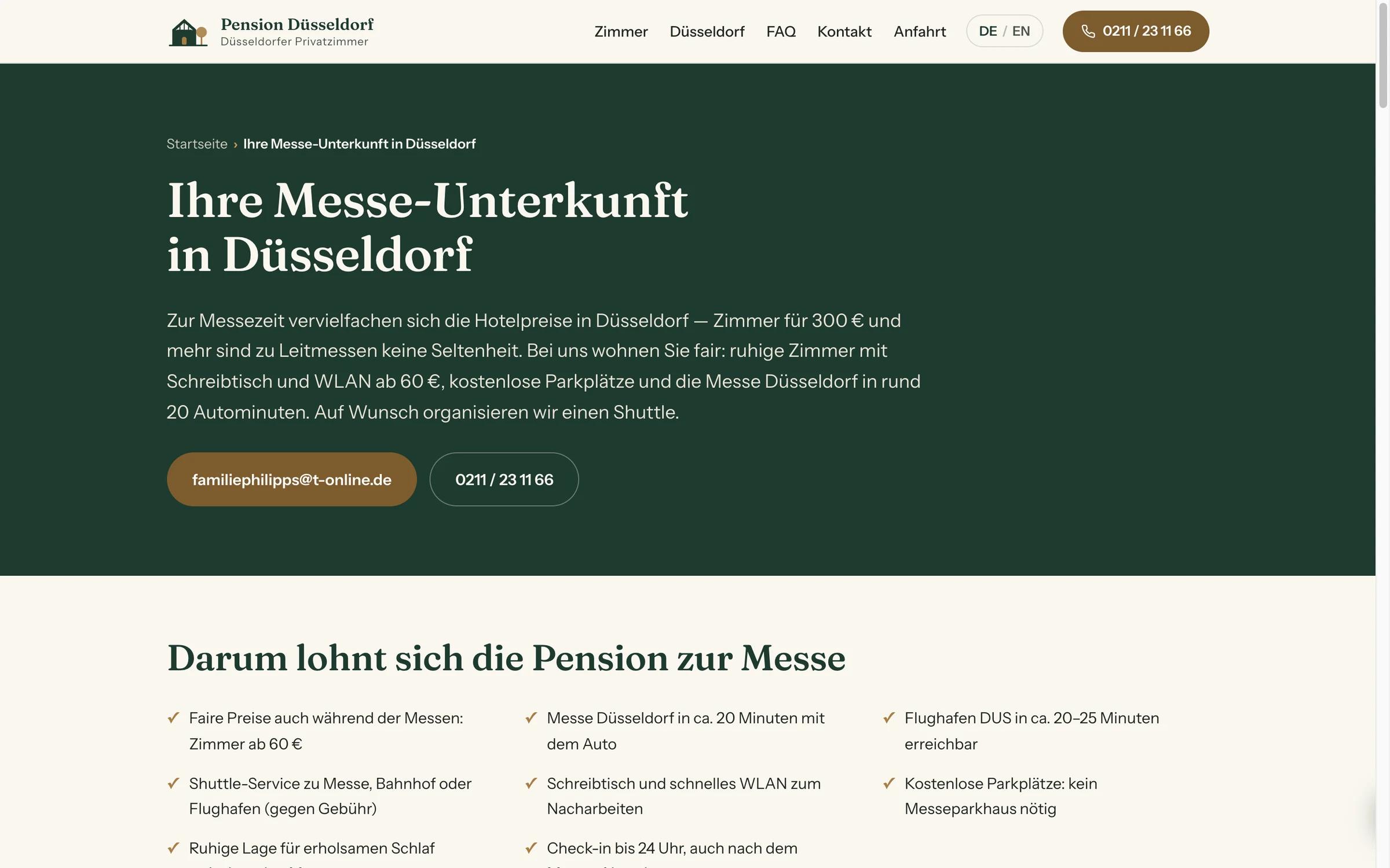 Landingpage für Messe-Unterkunft in Düsseldorf