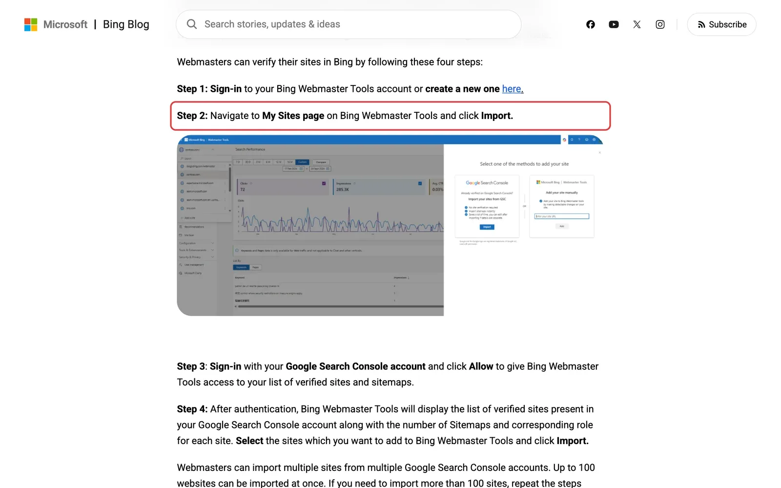 Bing-Blog mit der Schritt-für-Schritt-Anleitung zum Import von Websites aus der Google Search Console
