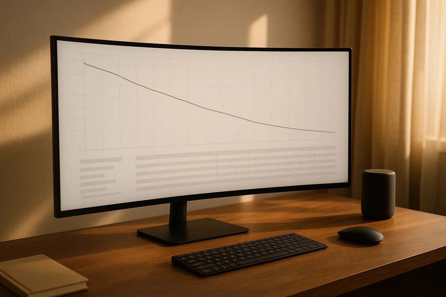 Breiter Monitor auf einem Holzschreibtisch zeigt eine fallende Kostenkurve über einer Tabelle