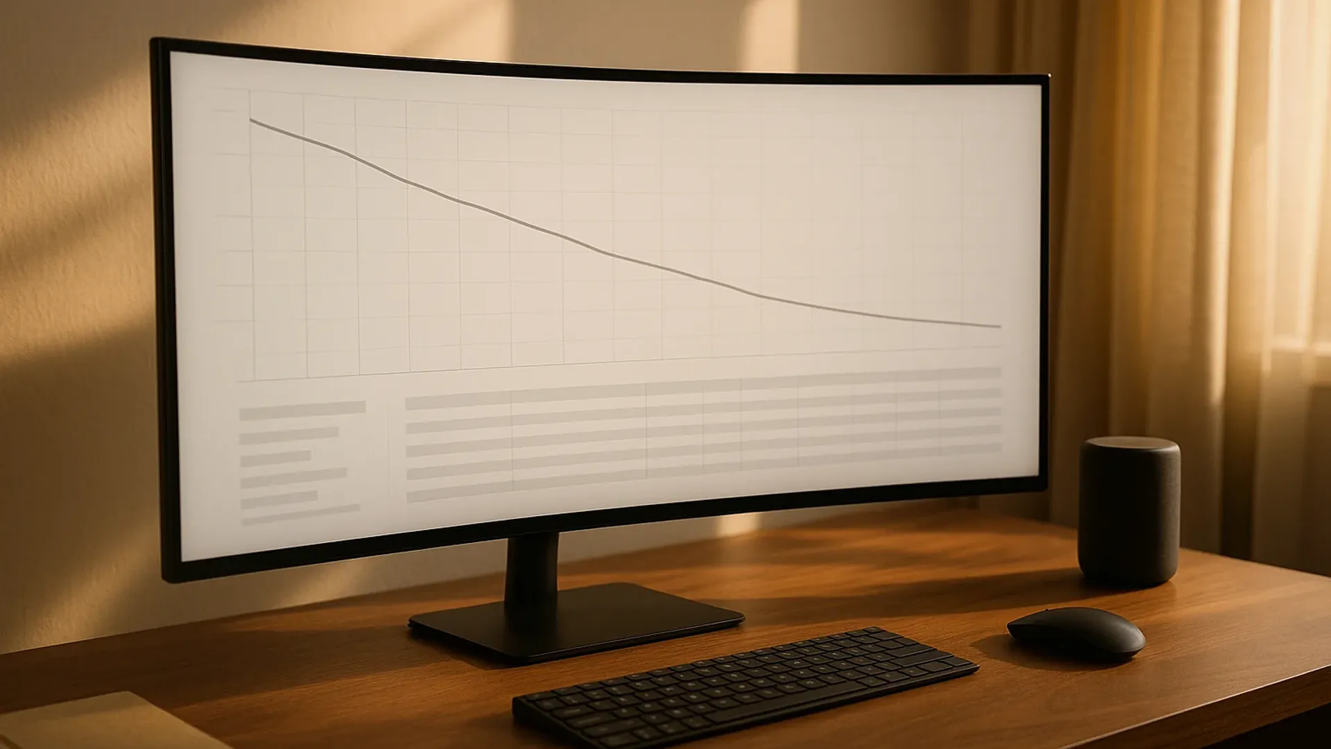 Breiter Monitor auf einem Holzschreibtisch zeigt eine fallende Kostenkurve über einer Tabelle