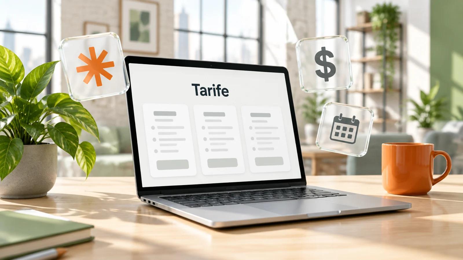 Laptop auf einem hellen Holztisch in einem Loft mit dem Wort Tarife und drei Preiskarten, daneben Glaskarten mit dem orangen Claude-Stern, einem Dollarzeichen und einem Kalender