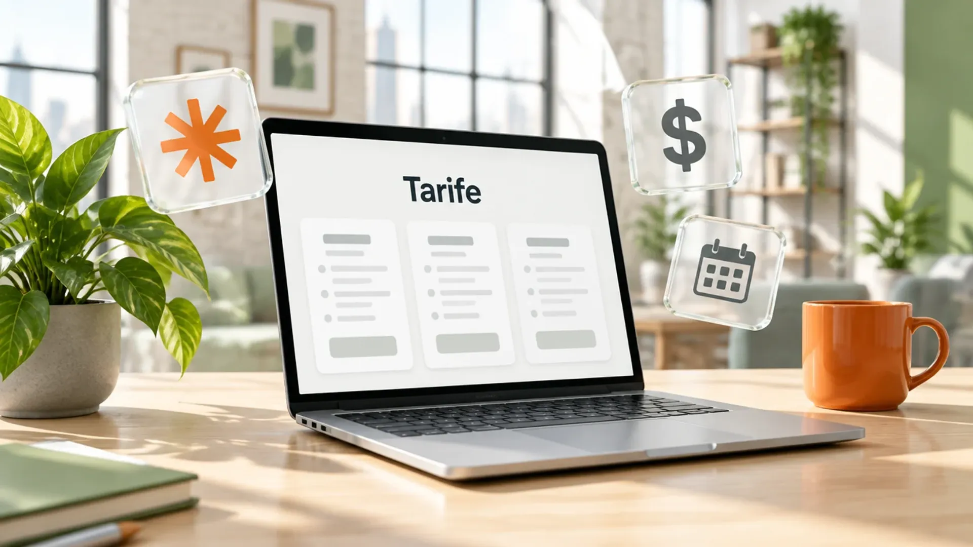 Laptop auf einem hellen Holztisch in einem Loft mit dem Wort Tarife und drei Preiskarten, daneben Glaskarten mit dem orangen Claude-Stern, einem Dollarzeichen und einem Kalender