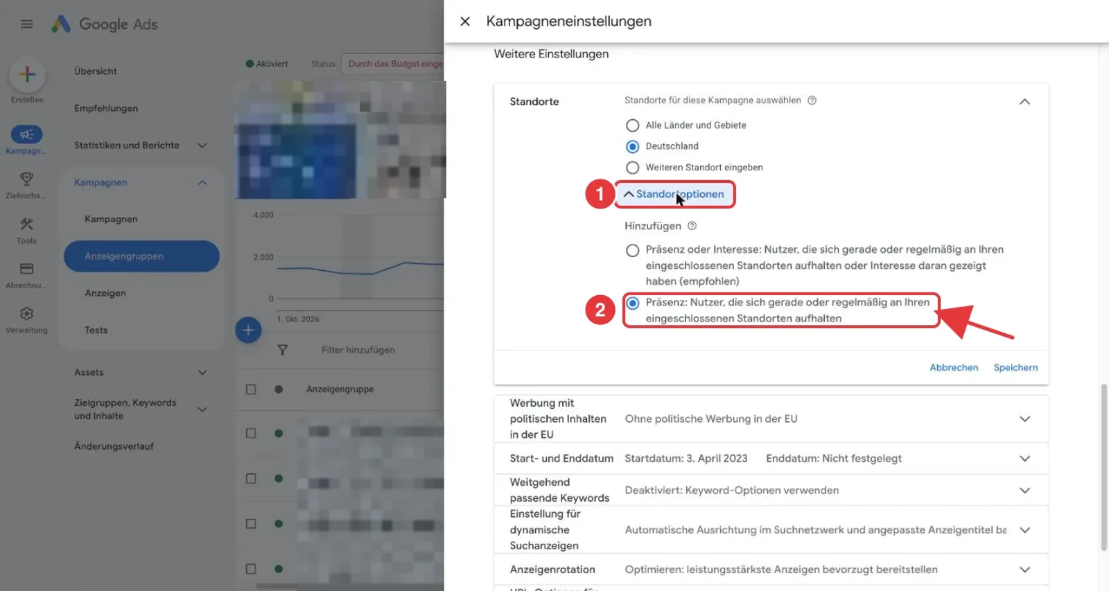 Google Ads Kampagneneinstellungen, Bereich Standorte: der Link Standortoptionen und die gewählte Option Präsenz sind rot markiert