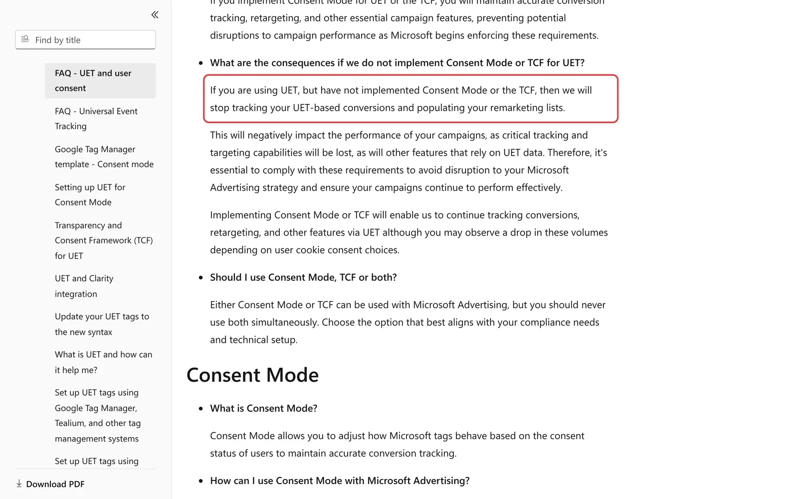 Microsoft-FAQ zu UET und Einwilligung mit markiertem Hinweis, dass ohne Consent Mode keine Conversions mehr erfasst werden
