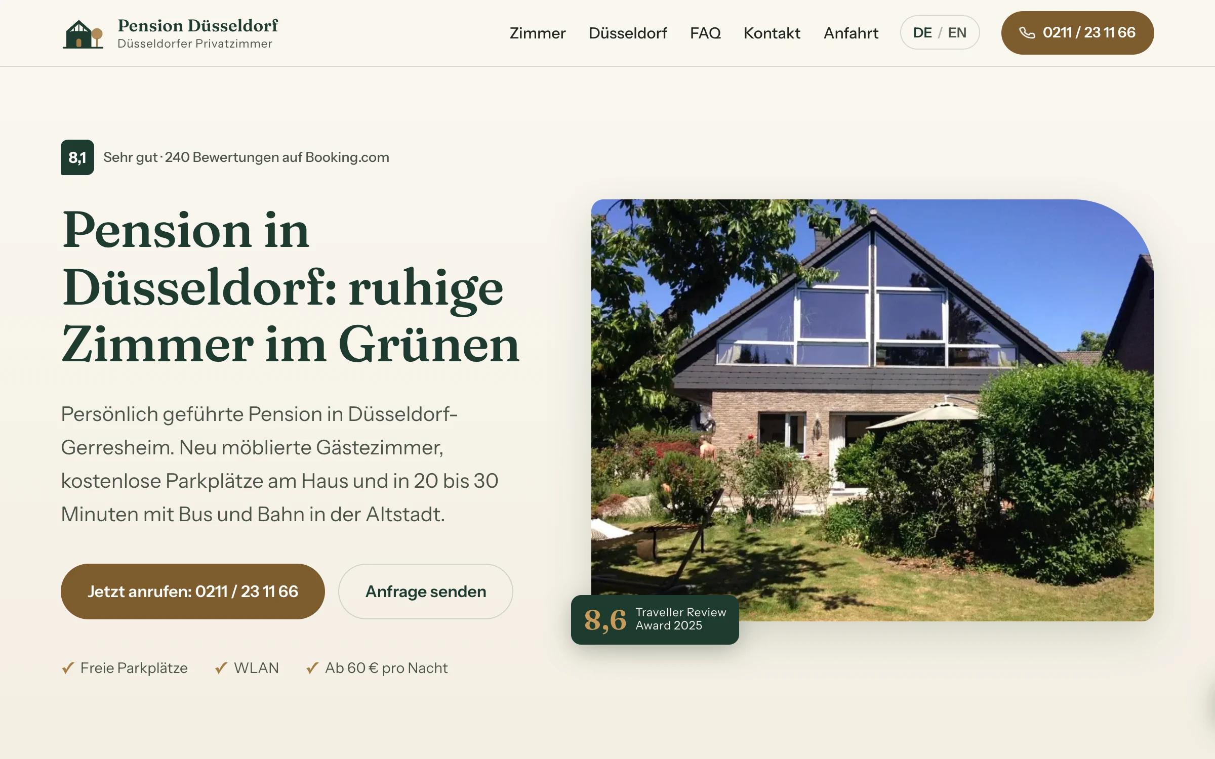 Startseite der Pension Düsseldorf mit Sprachumschalter und Telefonnummer