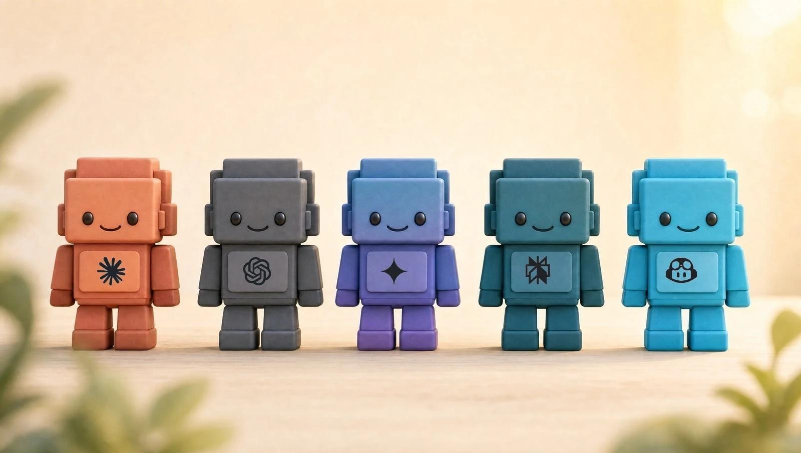 Fünf kleine Spielfiguren in verschiedenen Farben stehen nebeneinander auf einem Holztisch