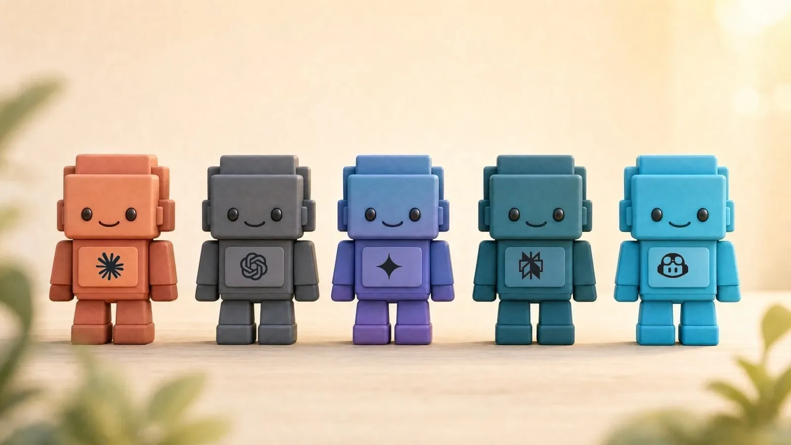 Fünf kleine Spielfiguren in verschiedenen Farben stehen nebeneinander auf einem Holztisch