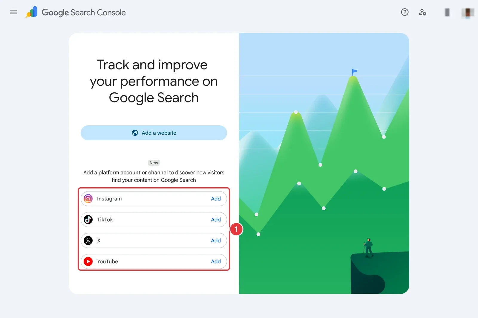 Google-Beispiel der Search Console-Startseite mit den Schaltflächen zum Hinzufügen von Instagram, TikTok, X und YouTube