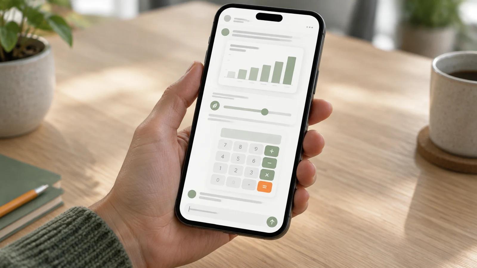 Hand hält ein Smartphone mit einer Chat-Antwort aus Balkendiagramm, Schieberegler und kleinem Rechner