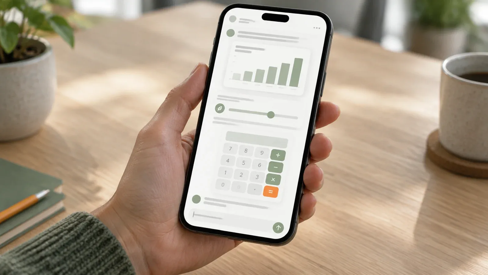 Hand hält ein Smartphone mit einer Chat-Antwort aus Balkendiagramm, Schieberegler und kleinem Rechner
