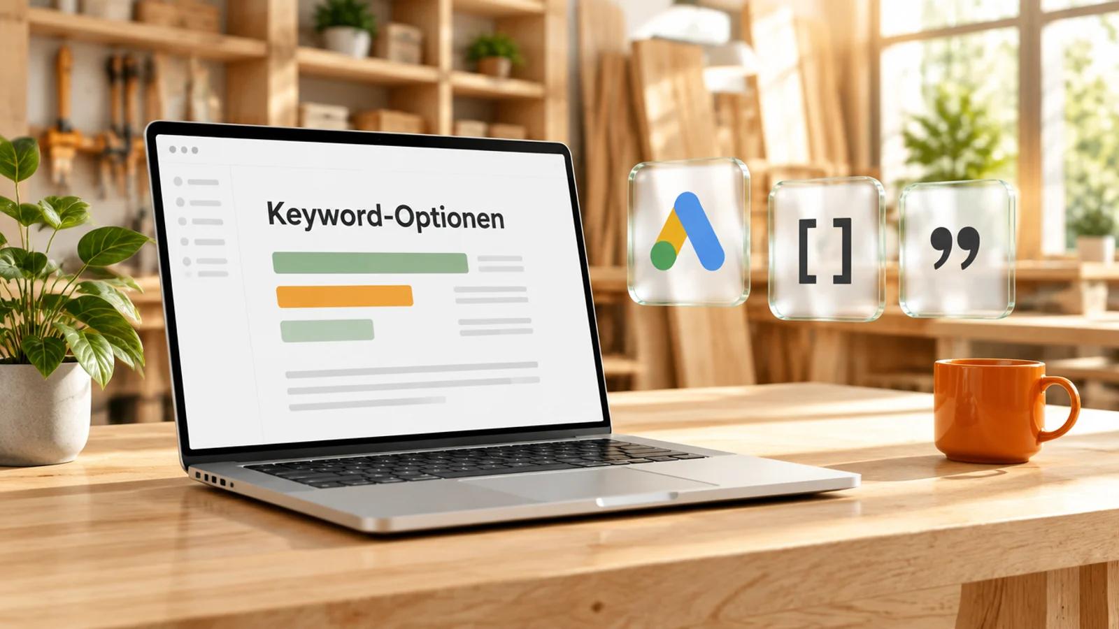 Laptop auf einem hellen Holztresen in einer Tischlerwerkstatt mit dem Wort Keyword-Optionen und Glaskarten mit Google-Ads-Logo, eckigen Klammern und Anführungszeichen