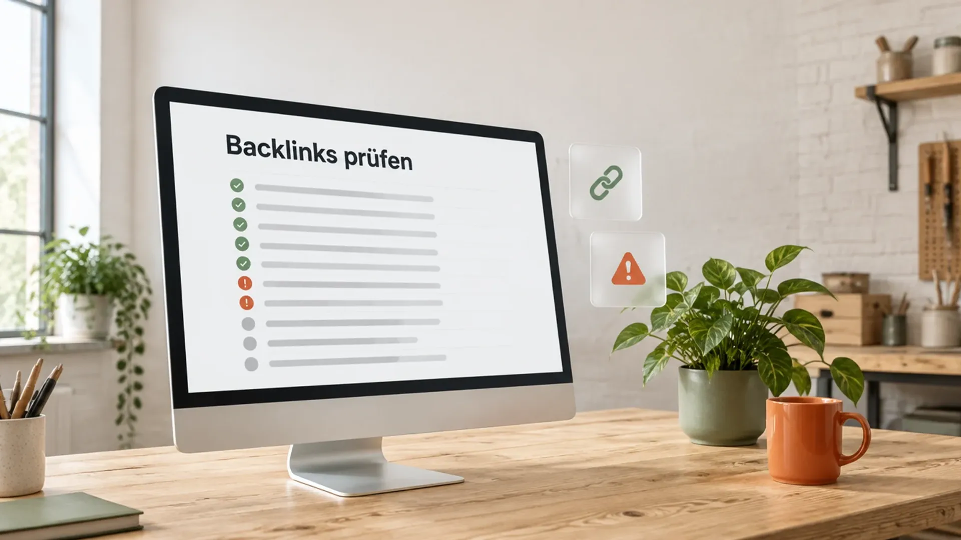 Monitor auf einer hellen Werkbank mit den Worten Backlinks prüfen und einer Liste mit grünen und orangen Markierungen
