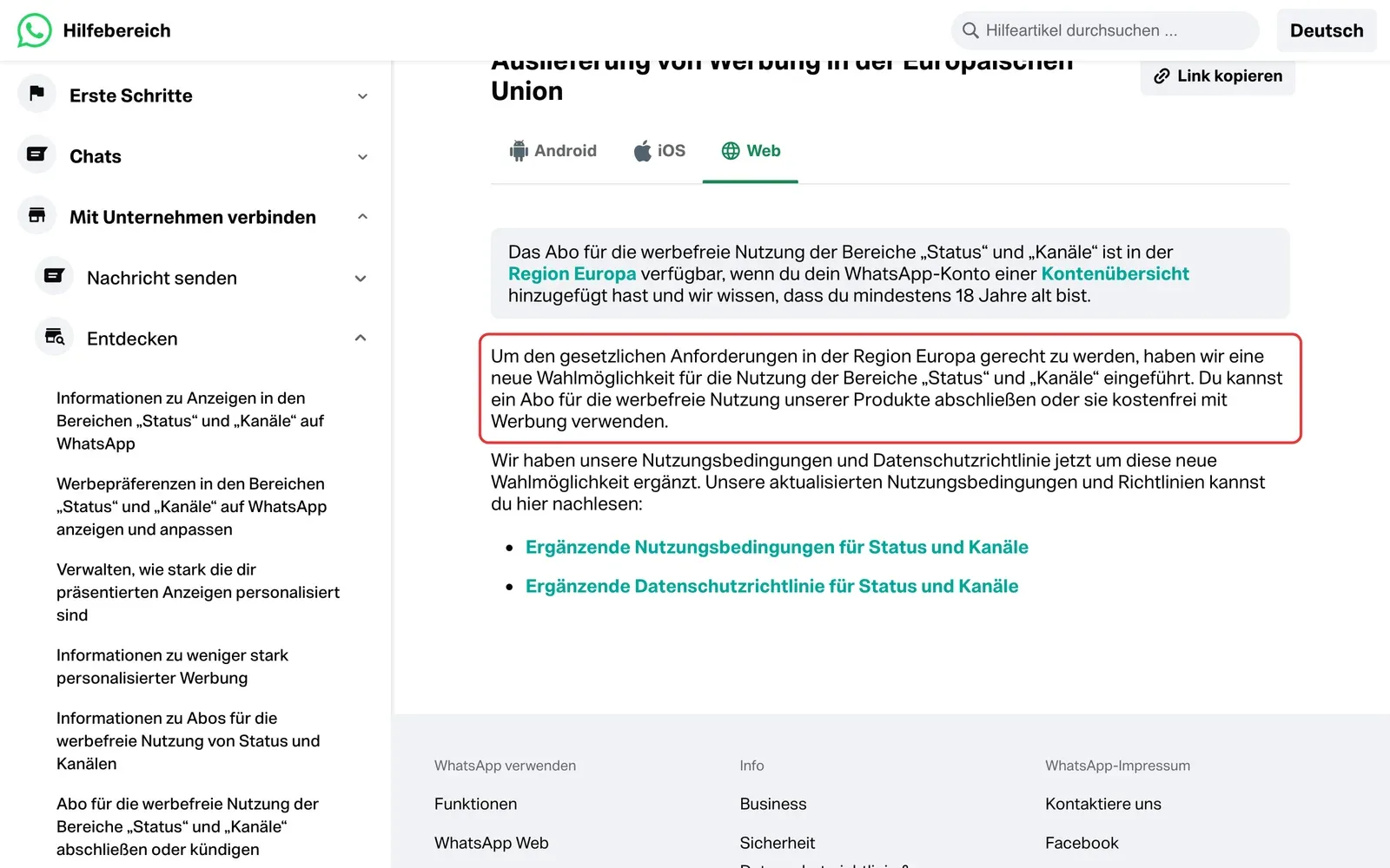 WhatsApp-Hilfebereich: neue Wahl in Europa zwischen Abo ohne Werbung und kostenloser Nutzung mit Werbung