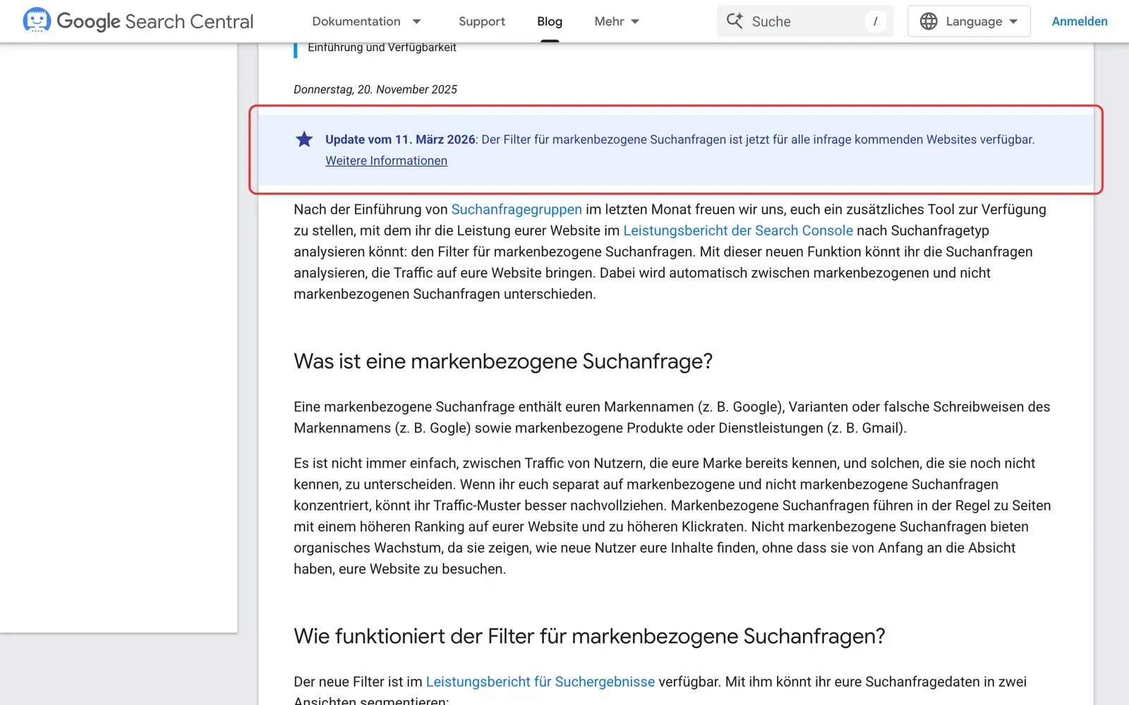 Search Central Blog mit dem markierten Update vom 11. März 2026 zum Filter für markenbezogene Suchanfragen