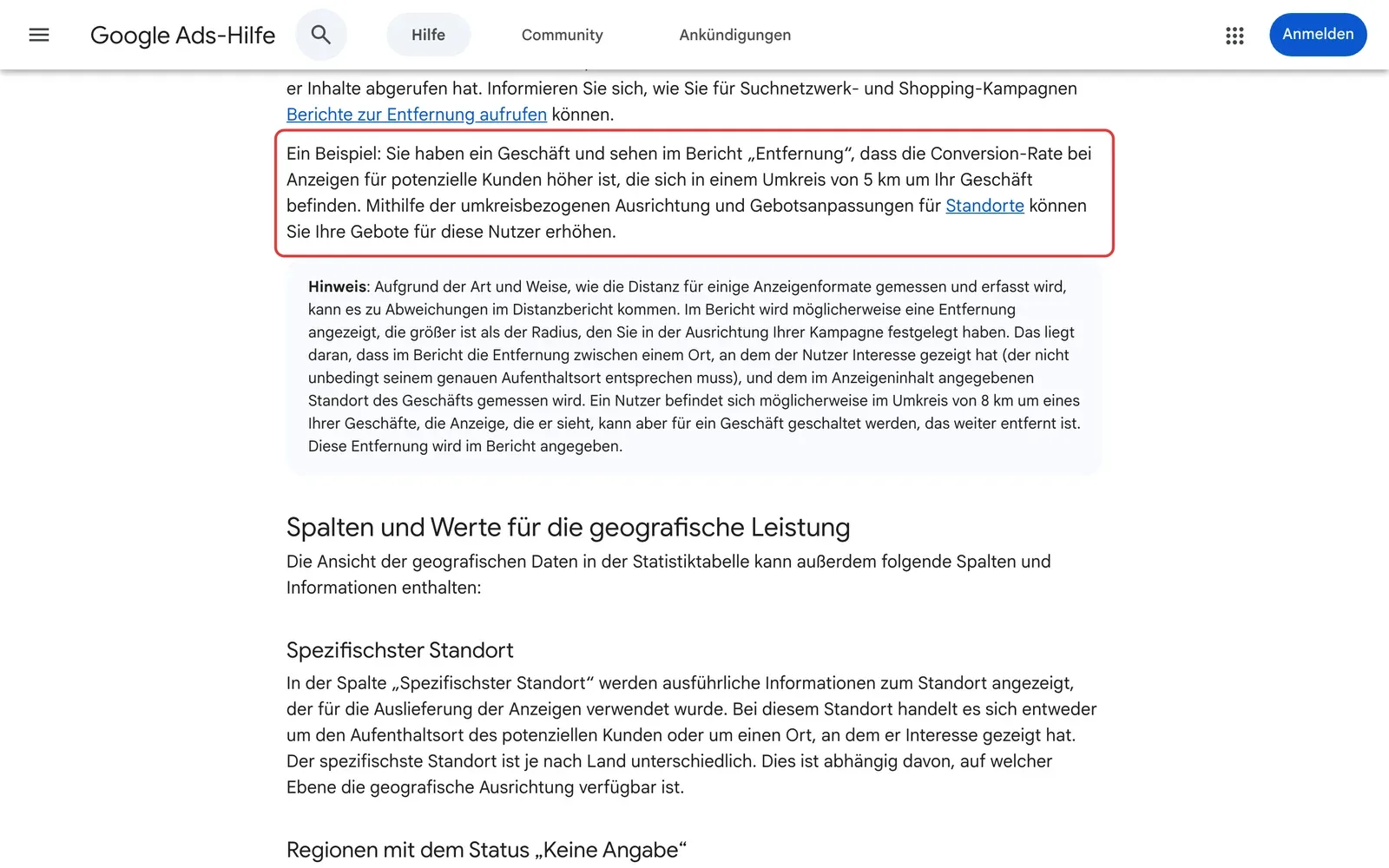 Google Ads-Hilfe Geografische Leistung messen: das Beispiel, dass der Bericht Entfernung eine höhere Conversion-Rate im Umkreis von 5 km um das Geschäft zeigen kann, ist rot umrahmt