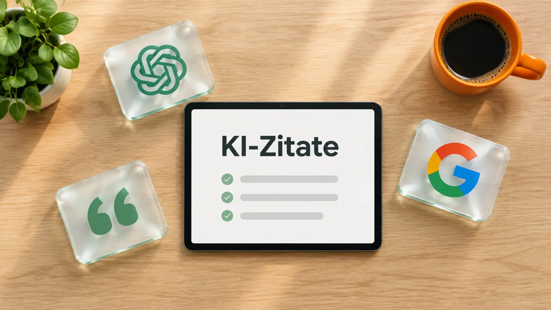 Tablet von oben auf einem hellen Holztisch mit dem Wort KI-Zitate, daneben Glaskarten mit ChatGPT-Logo und Google-Logo