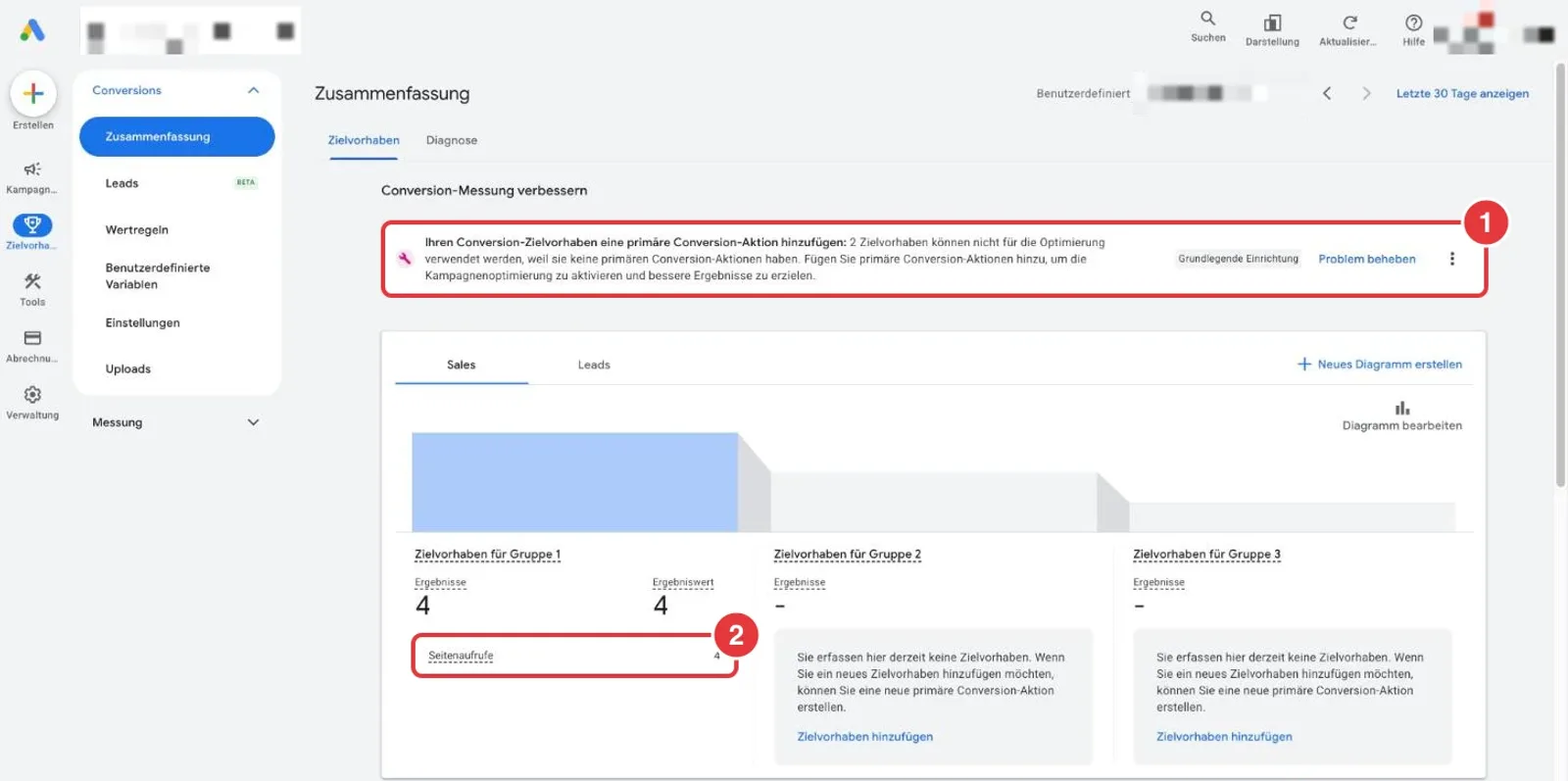 Google-Ads-Conversion-Übersicht eines anonymisierten Kontos mit markierter Warnung zu fehlenden primären Conversion-Aktionen und Seitenaufrufen als einziger Conversion