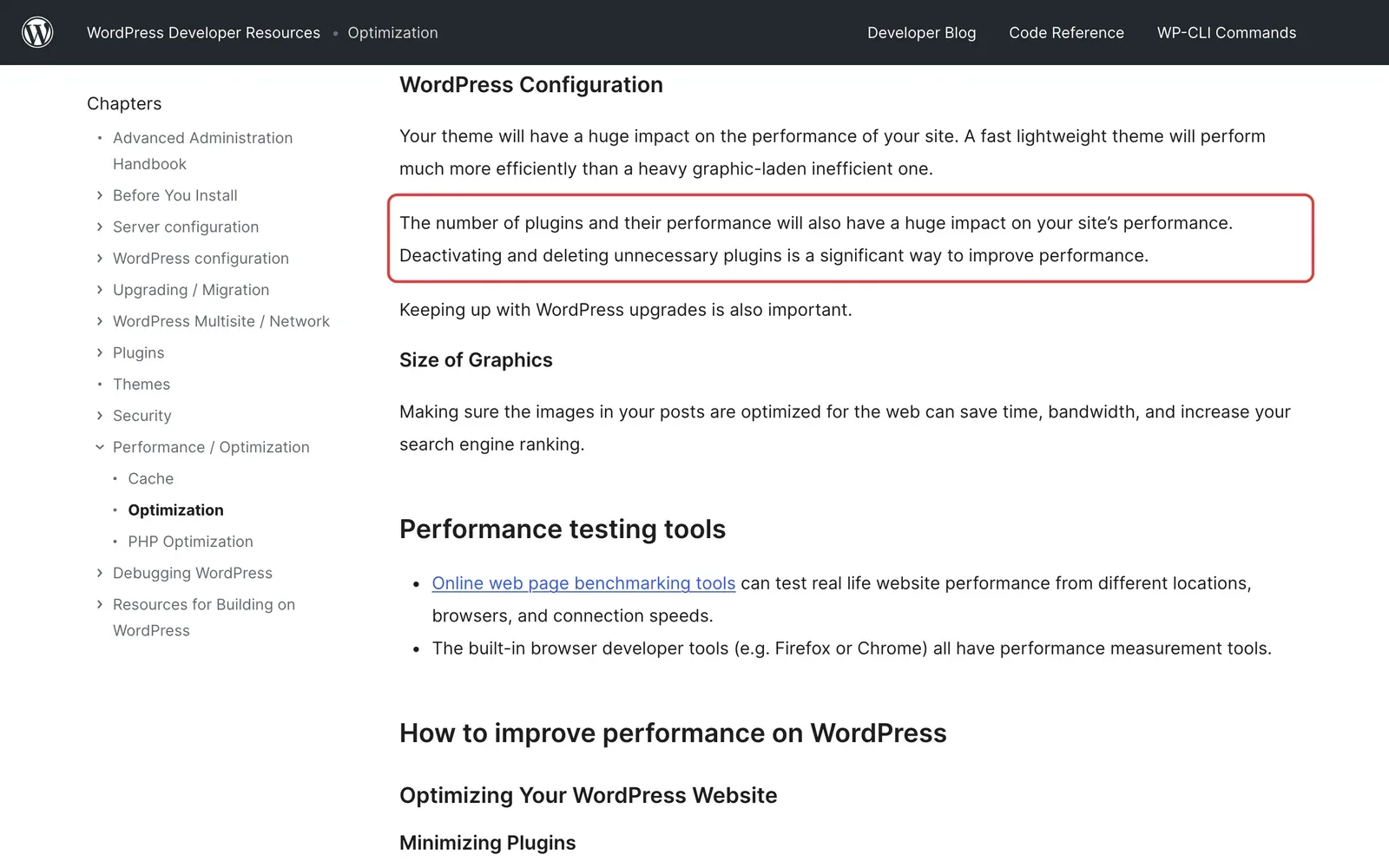 WordPress-Handbuch: Hinweis, dass Anzahl und Leistung der Plugins die Geschwindigkeit stark beeinflussen