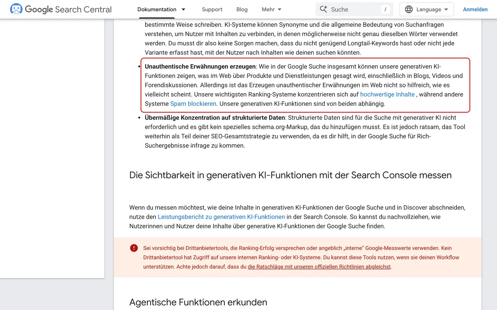 Google Search Central, Leitfaden zur Suche mit generativer KI: der Absatz Unauthentische Erwähnungen erzeugen ist rot umrahmt