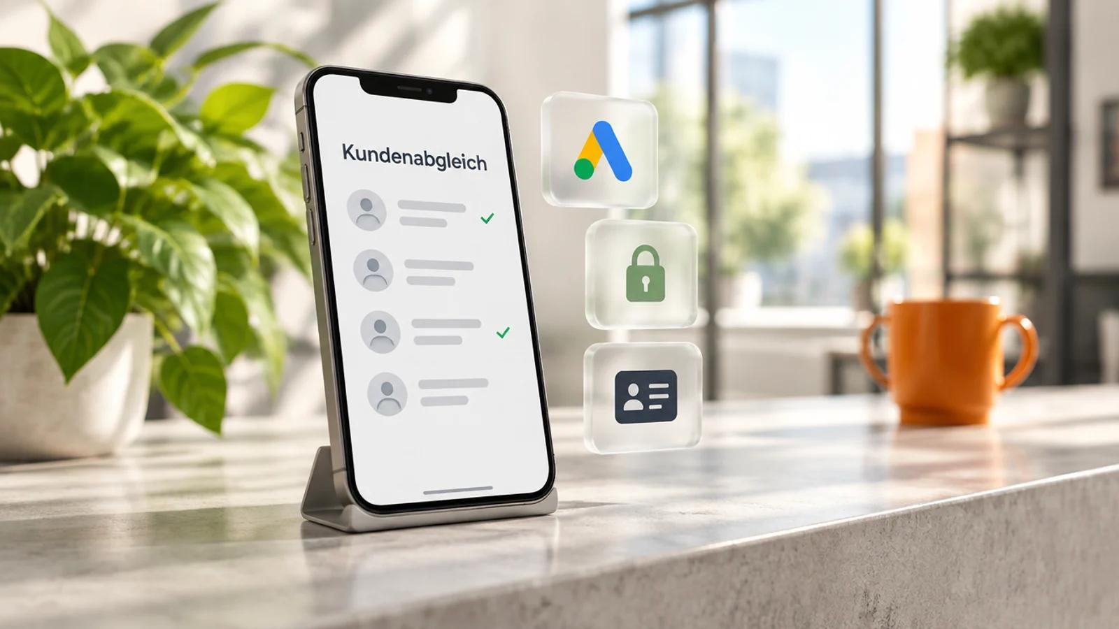Smartphone auf einem hellen Tresen zeigt eine Kundenliste mit dem Wort Kundenabgleich, daneben schwebende Glaskarten mit Google-Ads-Logo, Schloss und Kontaktkarte