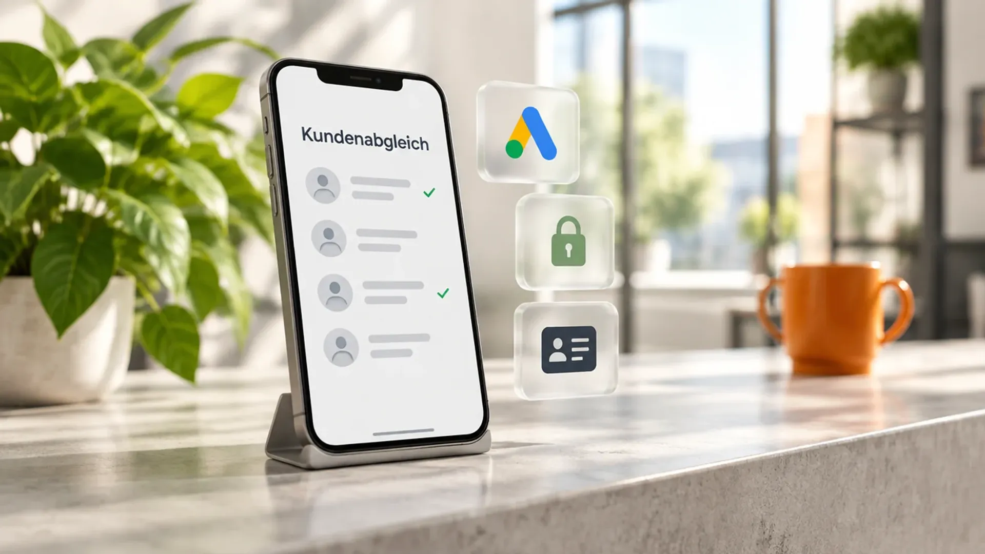 Smartphone auf einem hellen Tresen zeigt eine Kundenliste mit dem Wort Kundenabgleich, daneben schwebende Glaskarten mit Google-Ads-Logo, Schloss und Kontaktkarte