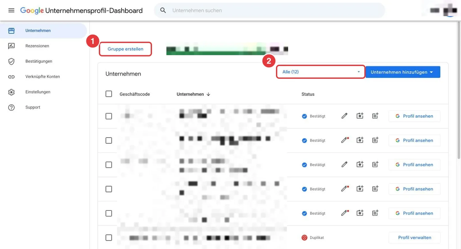 Unternehmensprofil-Dashboard mit markiertem Button Gruppe erstellen und dem Auswahlfeld für Gruppen