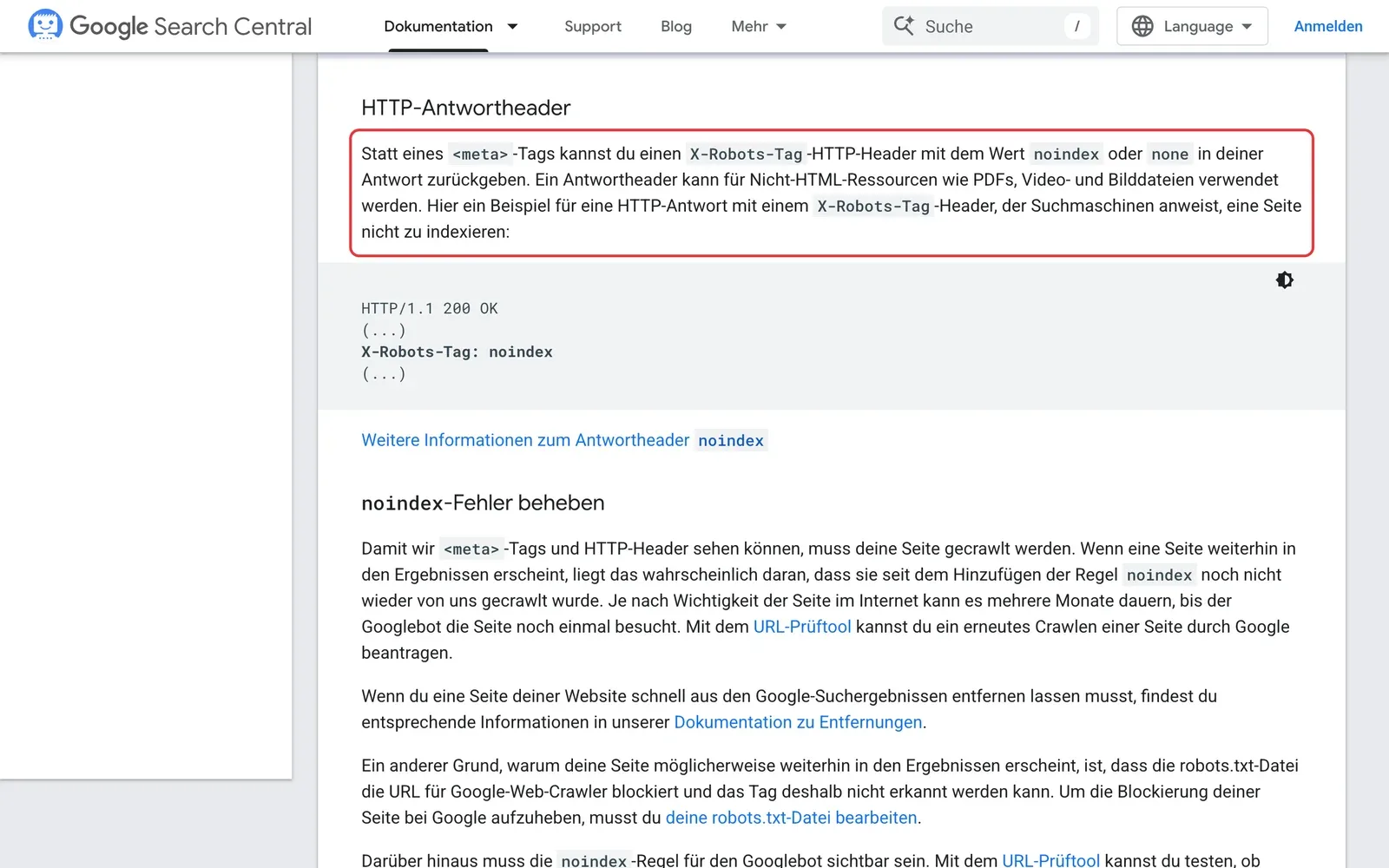 Google-Dokumentation zum HTTP-Antwortheader X-Robots-Tag, der Absatz zu PDFs, Video- und Bilddateien ist rot umrahmt