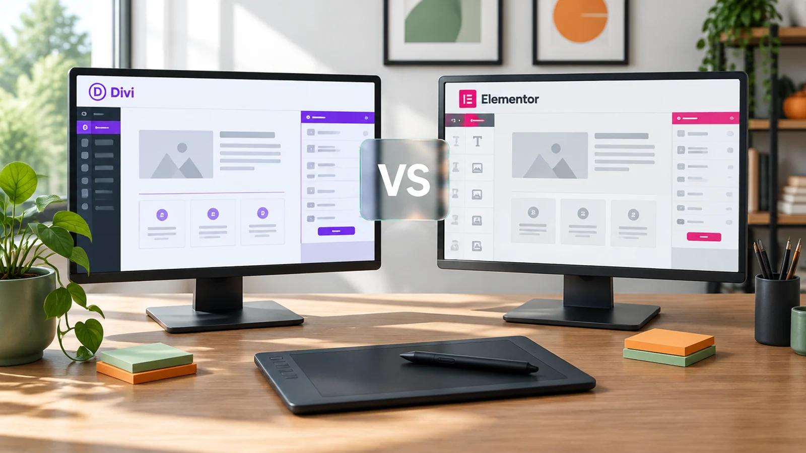 Zwei Monitore nebeneinander mit Divi und Elementor, dazwischen ein VS