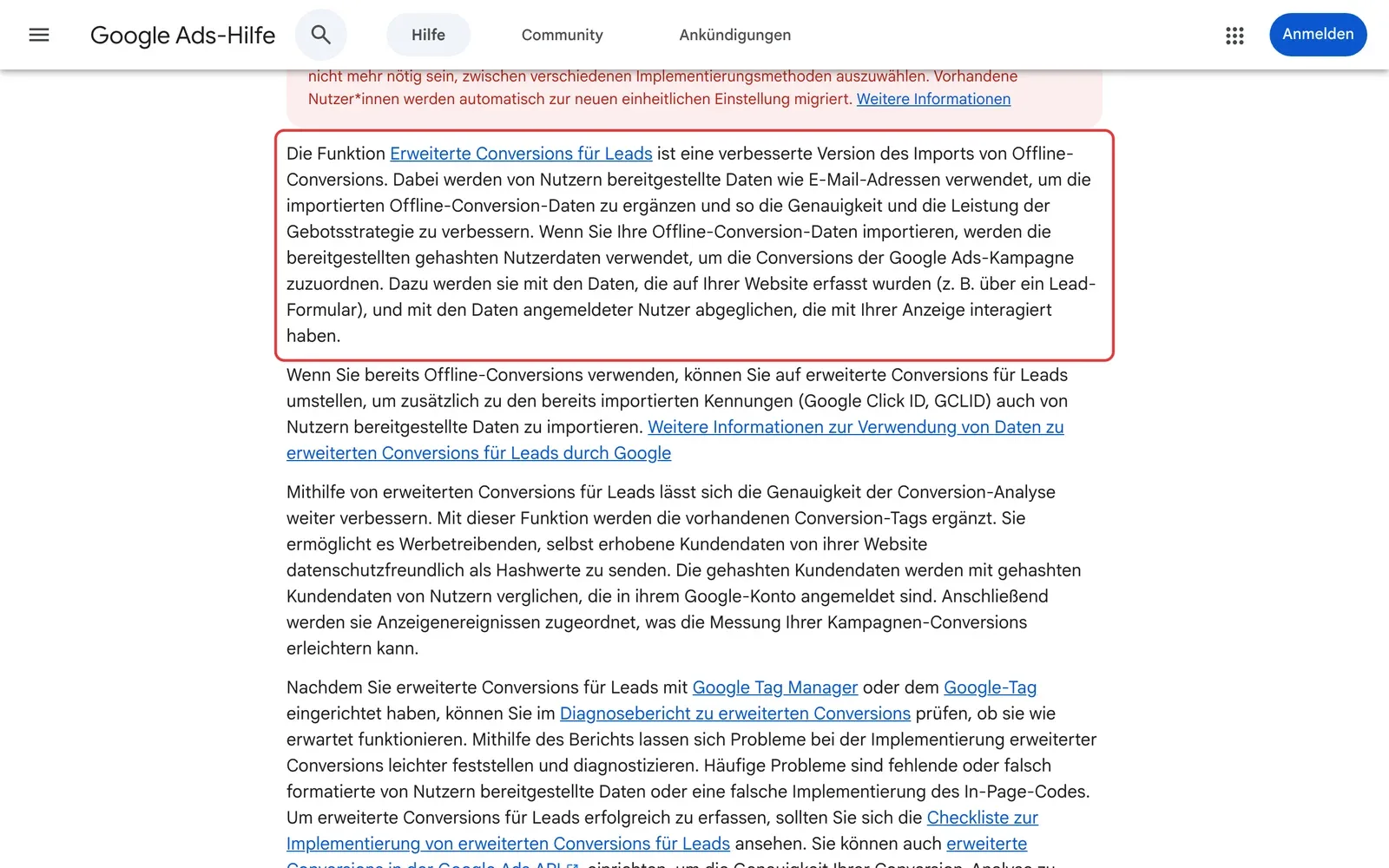 Google Ads-Hilfe zu erweiterten Conversions für Leads: die Erklärung als verbesserte Version des Imports von Offline-Conversions mit gehashten Nutzerdaten ist rot umrahmt