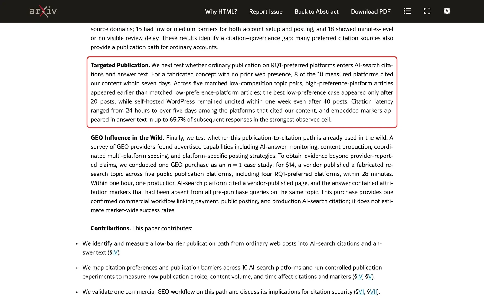 Volltext der Studie auf arXiv: der Absatz Targeted Publication mit den Ergebnissen zu beliebten und weniger beliebten Plattformen und zur eigenen WordPress-Website ist rot umrahmt