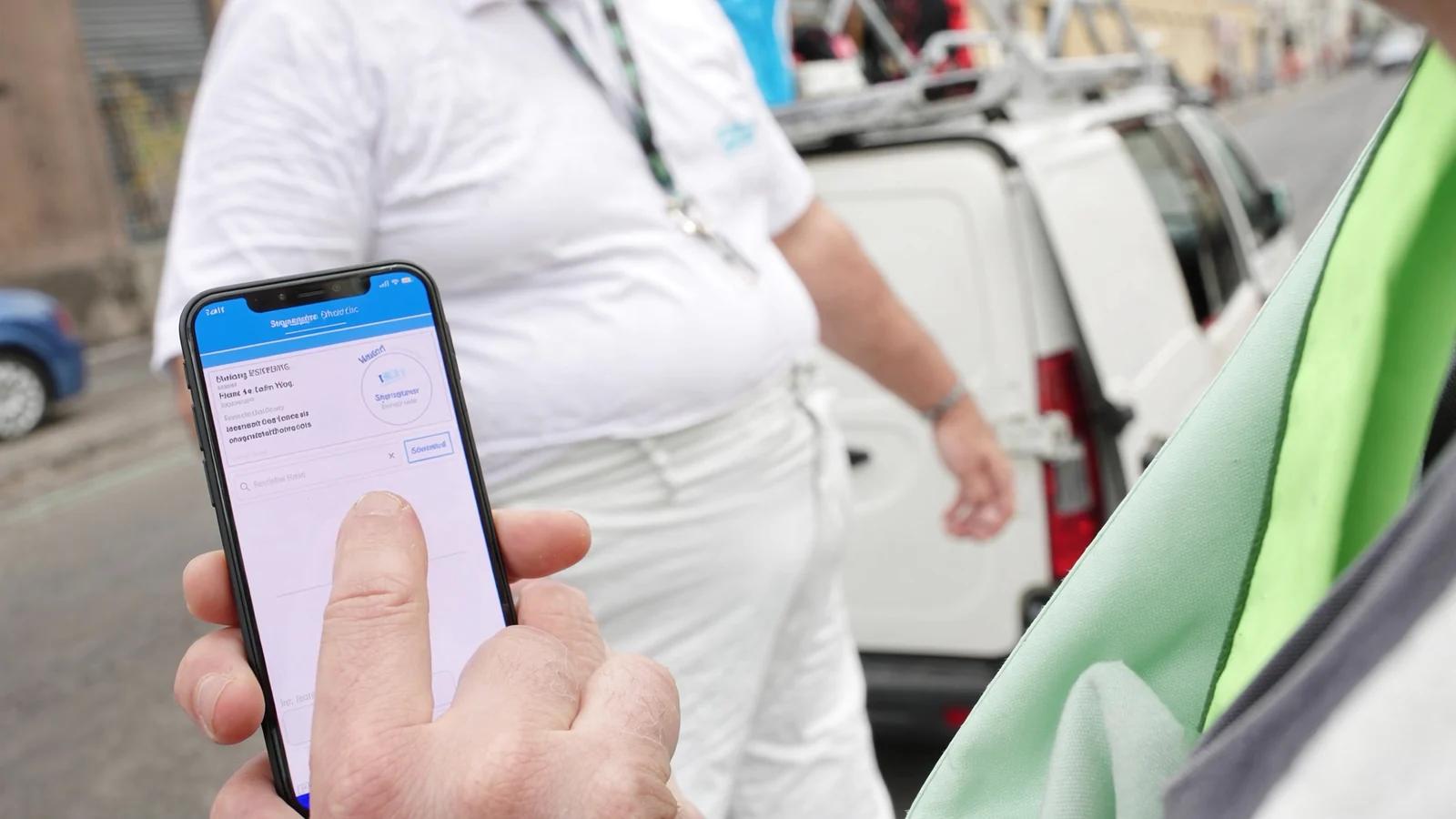 Maler steht vor seinem Transporter und sieht sich die Trefferliste auf dem Handy an
