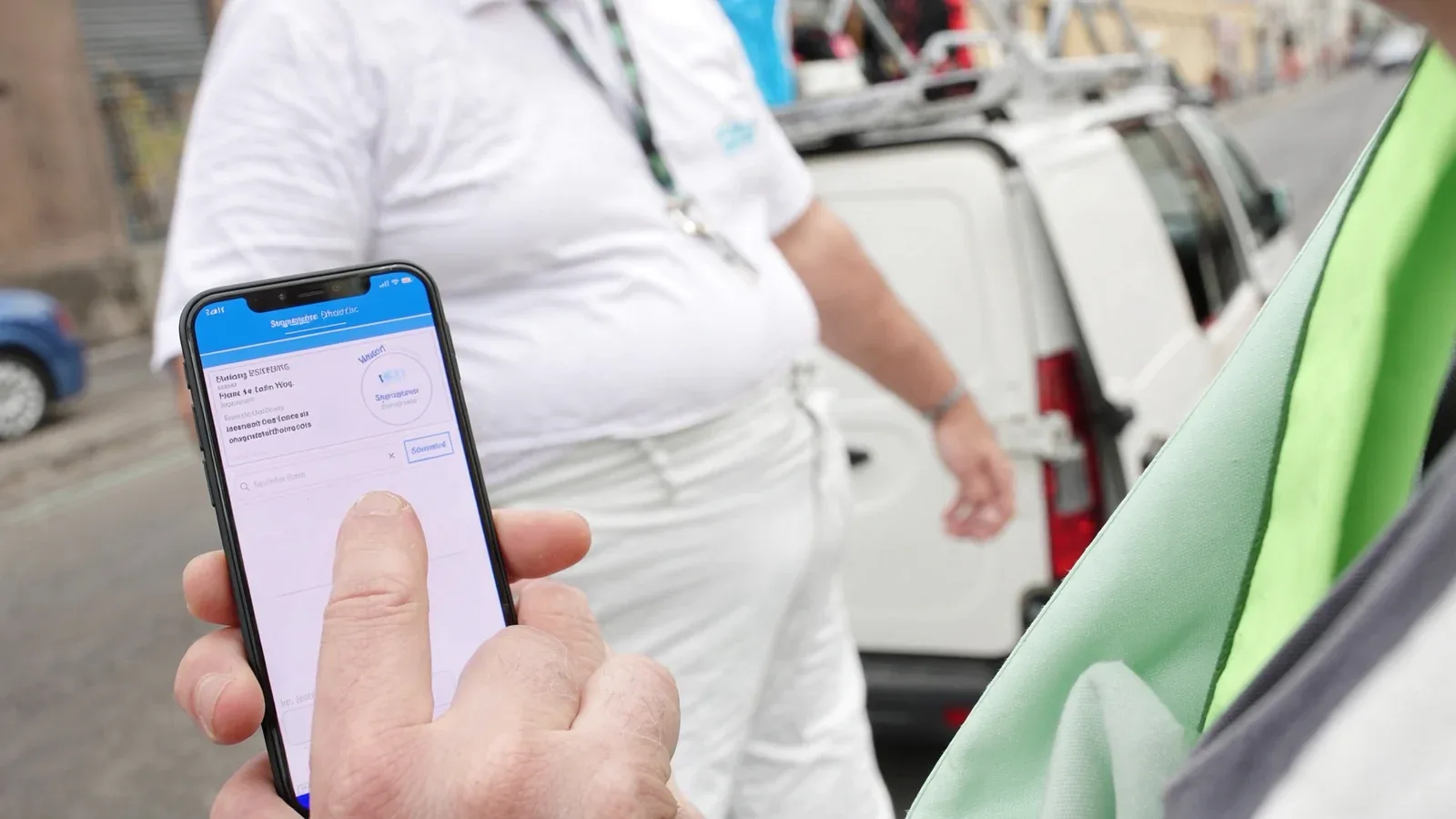 Maler steht vor seinem Transporter und sieht sich die Trefferliste auf dem Handy an