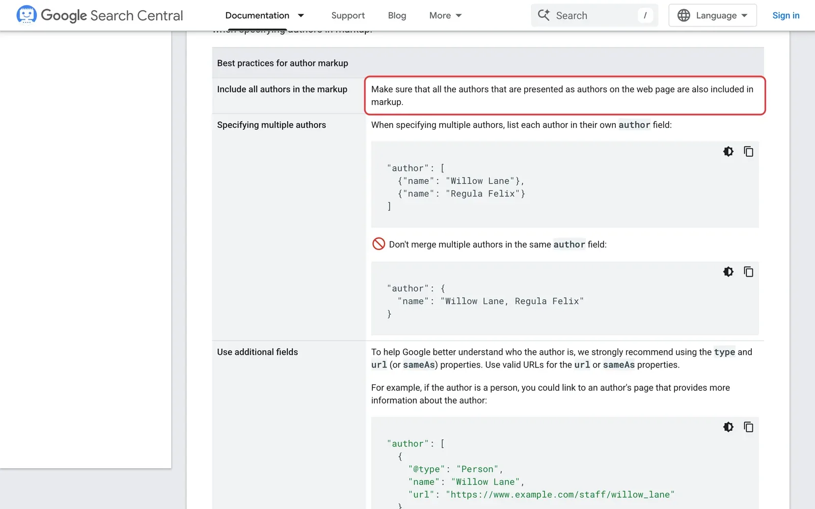 Google-Dokumentation zu Article-Markup, rot markiert ist die Empfehlung, alle sichtbaren Autoren auch im Markup anzugeben