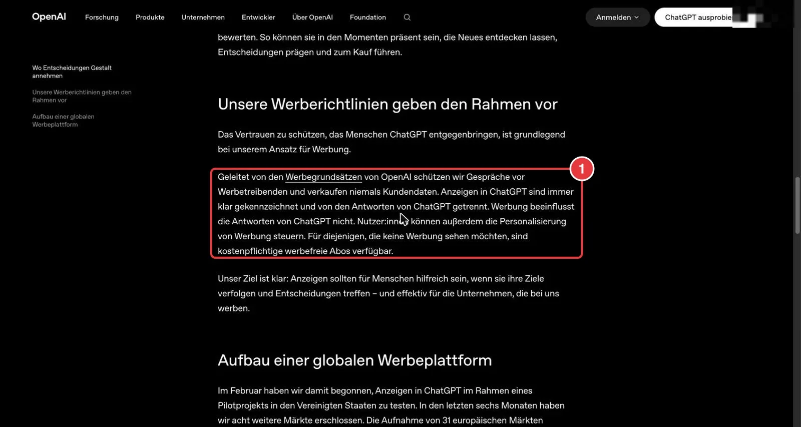 OpenAI-Ankündigung mit markiertem Absatz zu den Werbegrundsätzen: Anzeigen sind gekennzeichnet, beeinflussen die Antworten nicht, Gespräche bleiben geschützt