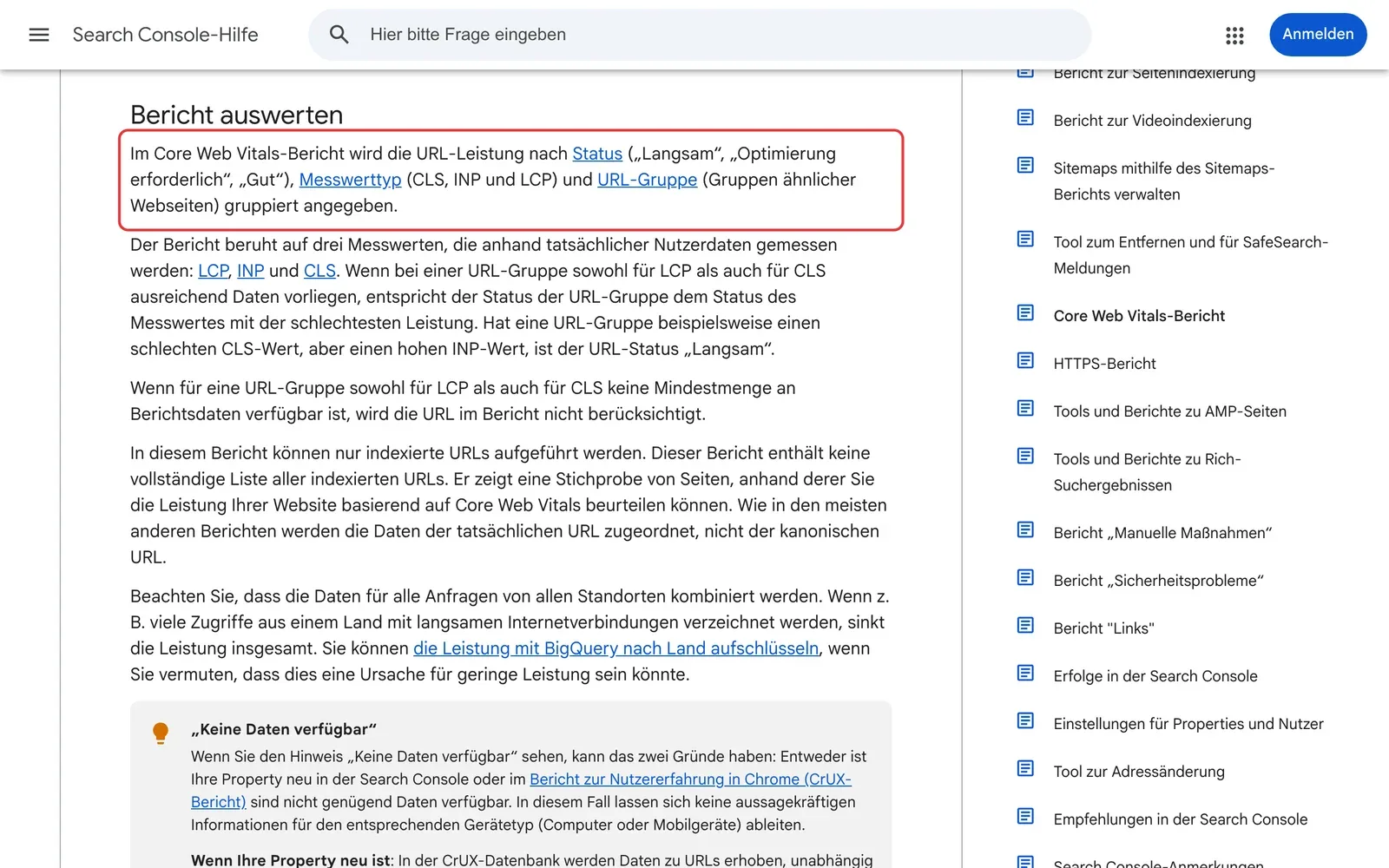 Search Console-Hilfe: Der Core Web Vitals-Bericht gruppiert URLs nach Status, Messwerttyp und URL-Gruppe