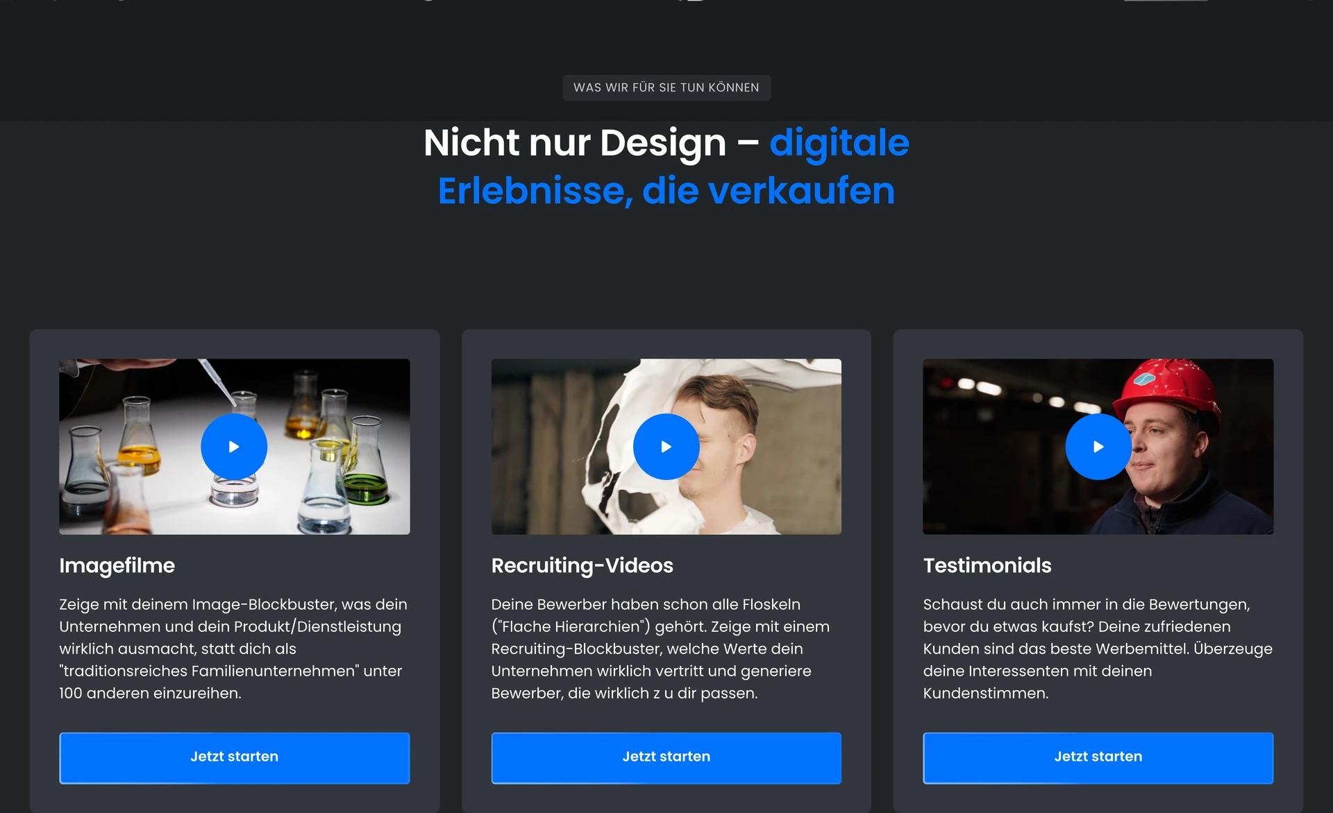 Leistungssektion der Jahnke-Pictures-Website: Imagefilm, Recruiting- und Testimonialvideos