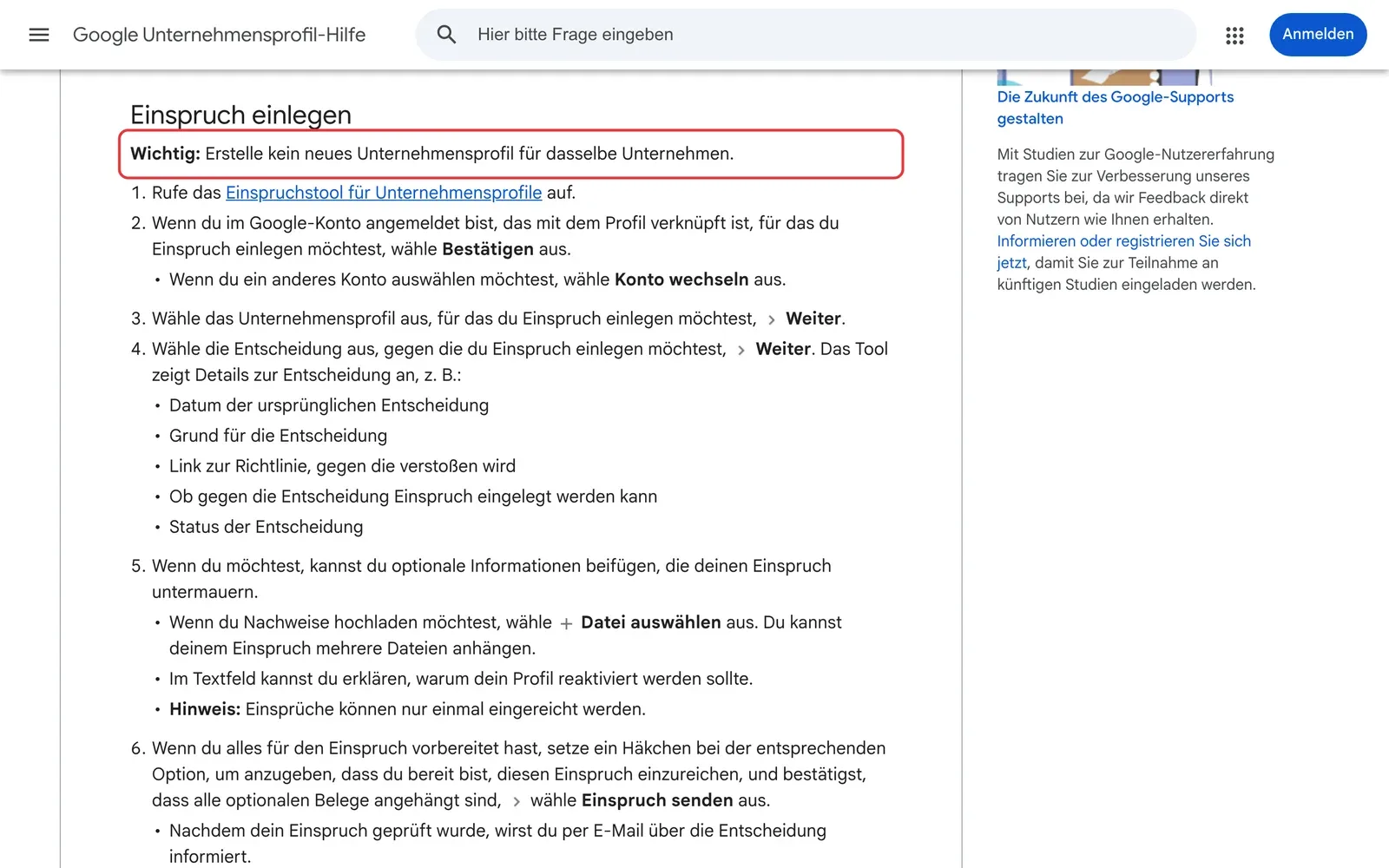 Google Unternehmensprofil-Hilfe zu gesperrten Profilen: der Hinweis „Erstelle kein neues Unternehmensprofil für dasselbe Unternehmen“ über der Anleitung zum Einspruch ist rot umrahmt