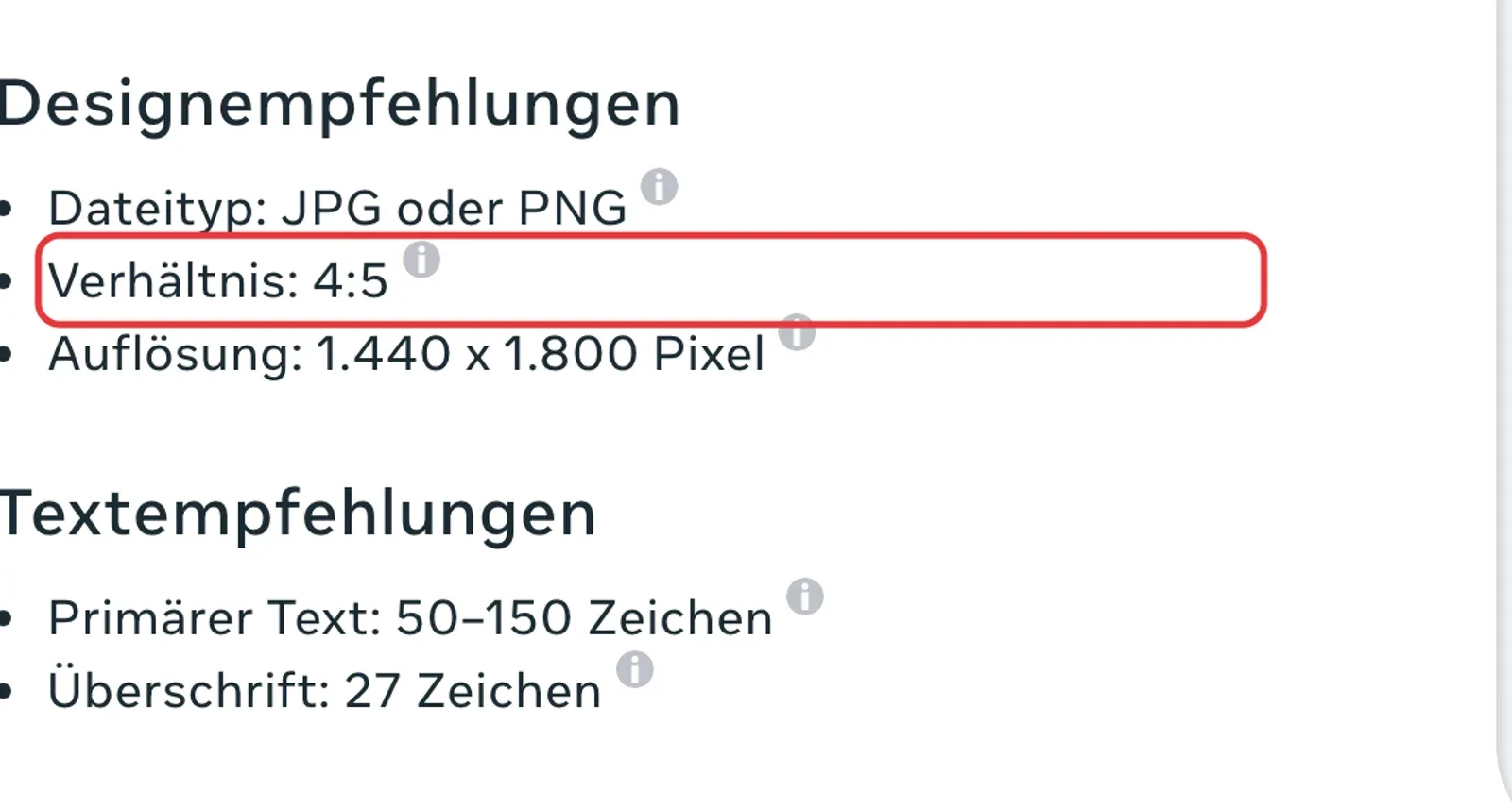 Meta-Anzeigenleitfaden für Bildanzeigen im Facebook Feed mit Seitenverhältnis 4:5 und Auflösung 1.440 mal 1.800 Pixel