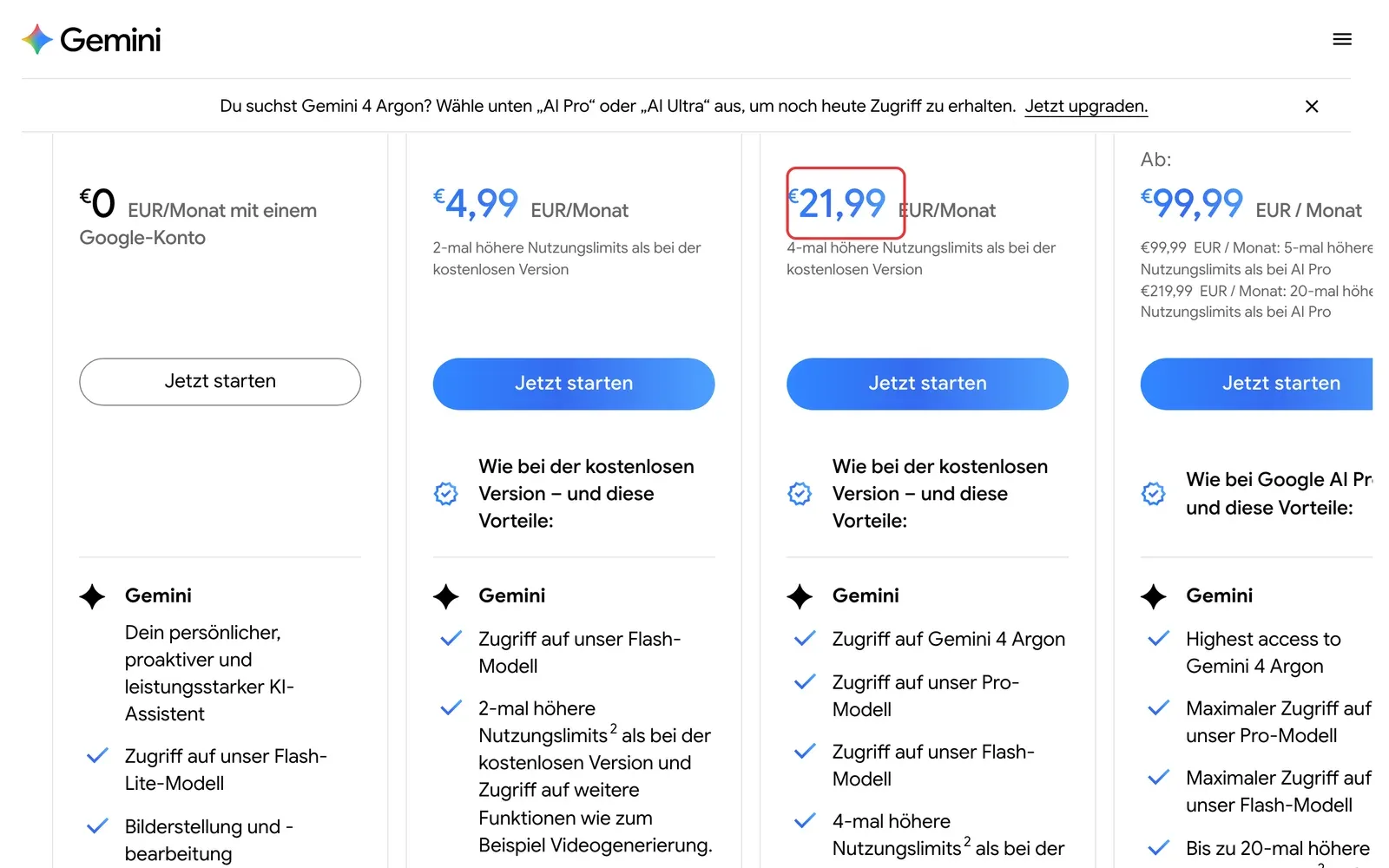 Gemini-Abo-Seite von Google mit vier Preiskarten: 0, 4,99, 21,99 und ab 99,99 Euro im Monat, der Preis 21,99 Euro für Google AI Pro ist rot umrahmt