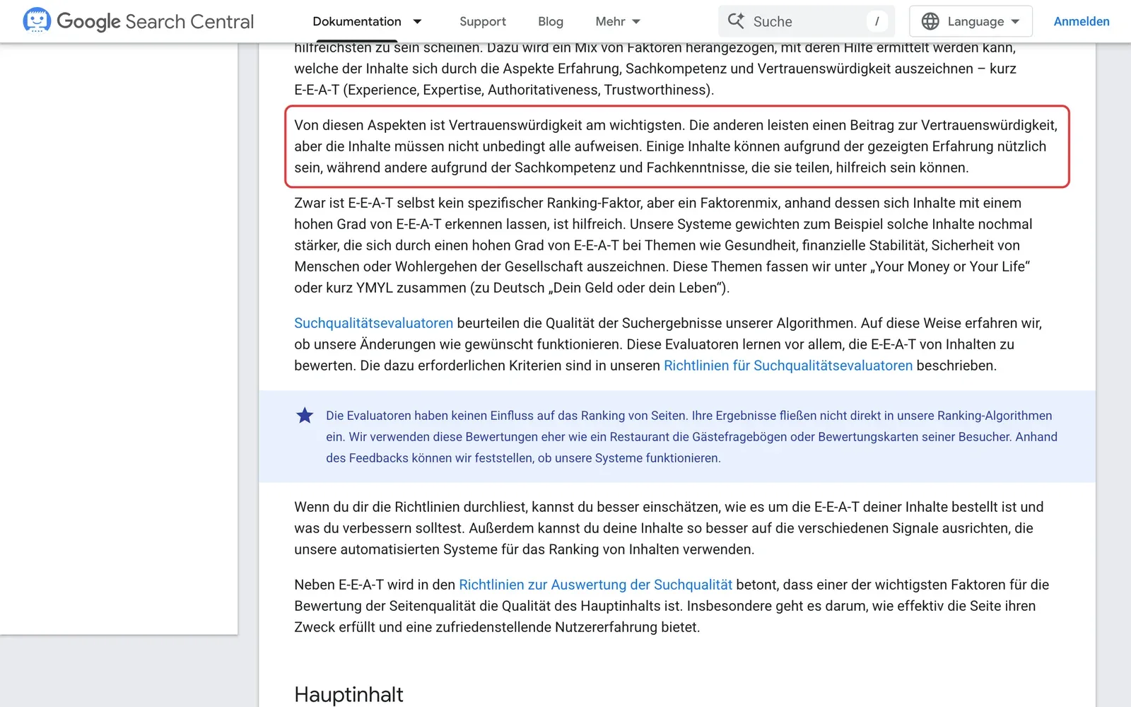Google Search Central, Seite Hilfreiche Inhalte erstellen: der Absatz, dass von den Aspekten die Vertrauenswürdigkeit am wichtigsten ist, ist rot umrahmt, darunter der Satz, dass E-E-A-T selbst kein spezifischer Ranking-Faktor ist