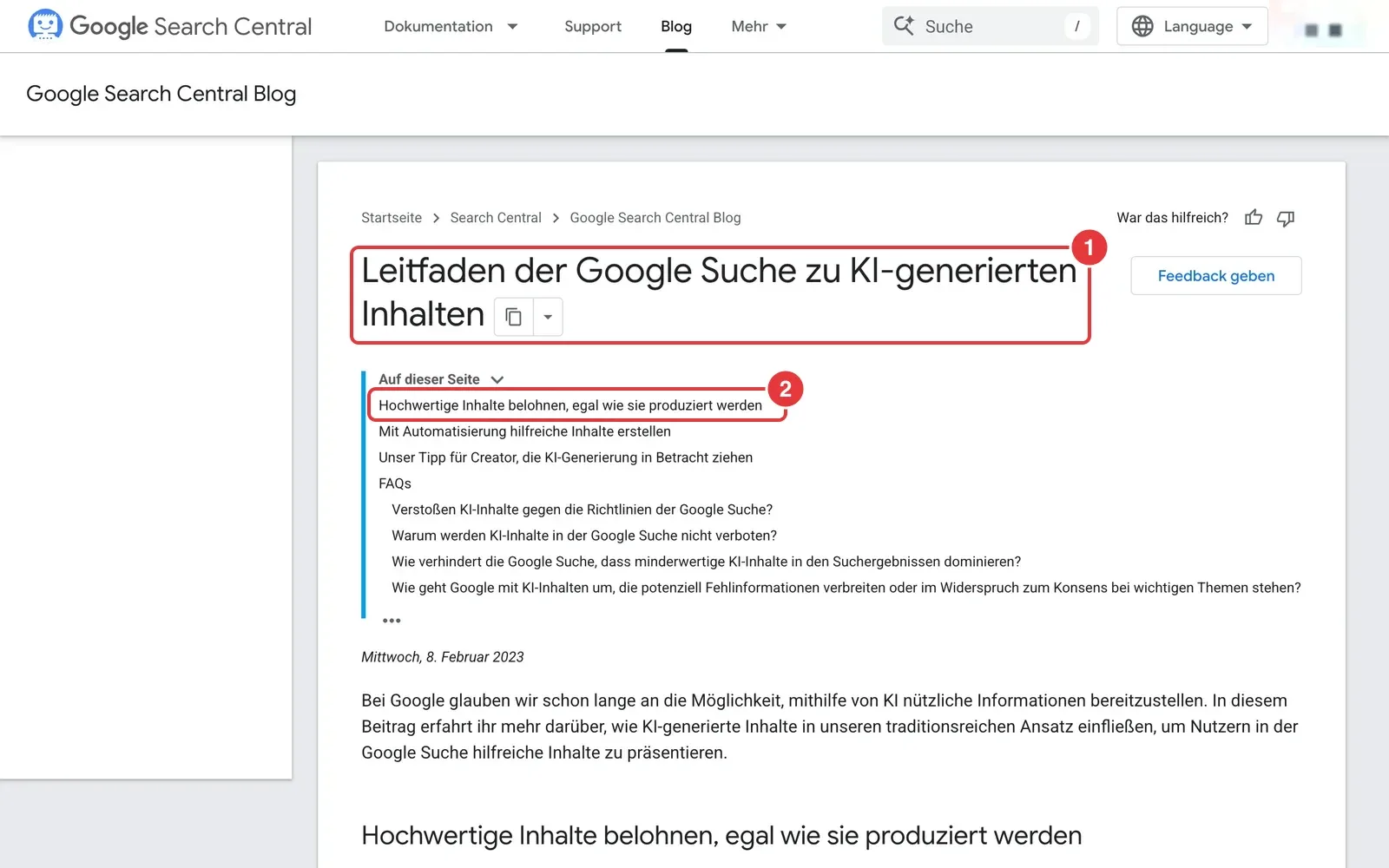 Leitfaden der Google Suche zu KI-generierten Inhalten mit markiertem Titel und Abschnitt über hochwertige Inhalte