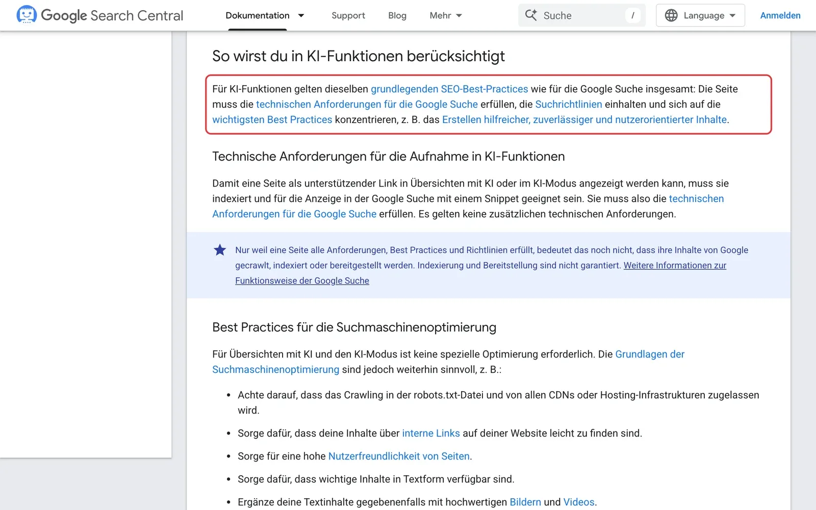 Google-Dokumentation: Für KI-Funktionen gelten dieselben SEO-Grundlagen wie für die Google-Suche