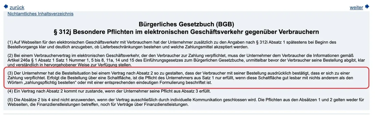 Paragraf 312j BGB mit markiertem Absatz 3 zur Beschriftung des Bestellbuttons