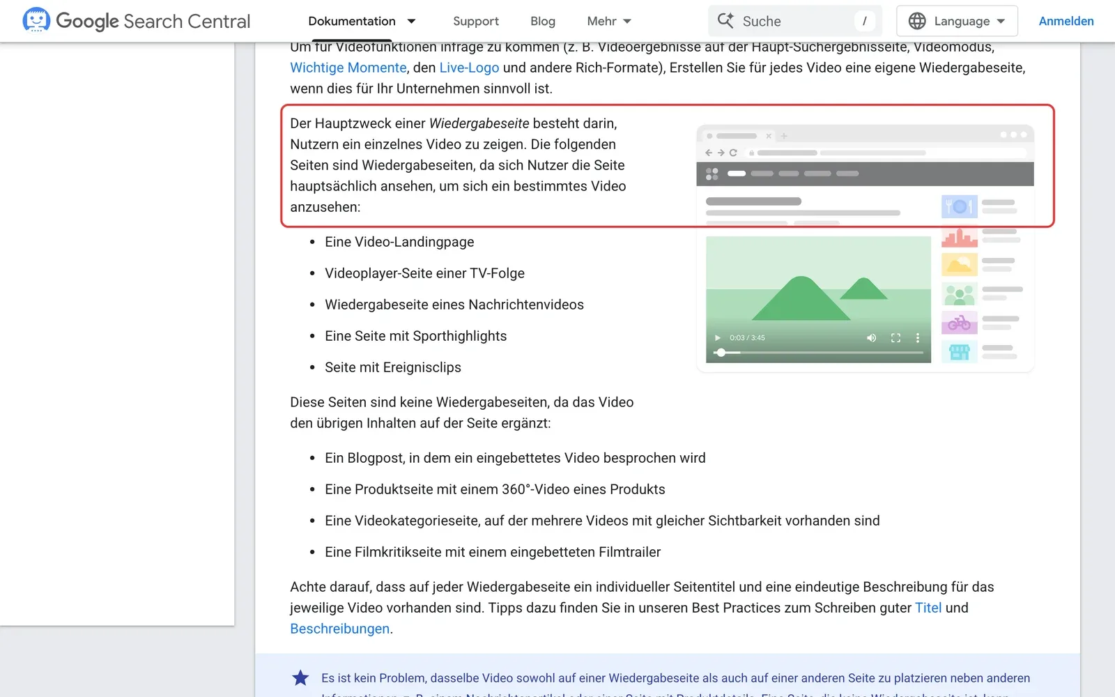 Google Search Central zu Best Practices für Videos, die Erklärung der Wiedergabeseite ist rot umrahmt